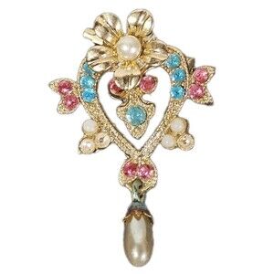 Vintage Gold Tone Rhinestone & Faux Pearl Heart Flower Brooch Pin with Dangle